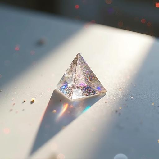 Dynamic scene featuring a crystal pyramid on a white surface with bright light passing through. Colorful spectrum is visible due to refraction. Surreal atmosphere created by subtle light intensity changes and scattered reflections.
