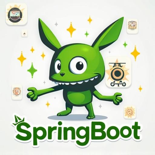 A green cartoon character mascot representing Spring Boot technology. The character is cheerful with big ears and an engaging pose. Background includes sparkling elements.