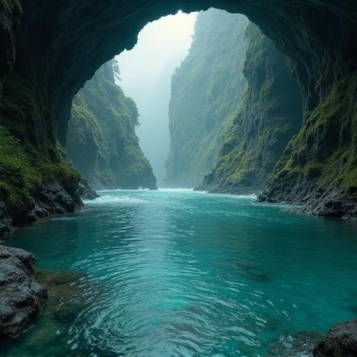 A hidden underground river with mist hovering over turquoise waters. Surrounding rock faces are steep and lush with greenery. The scene captures a peaceful atmosphere between the arching cave walls.
