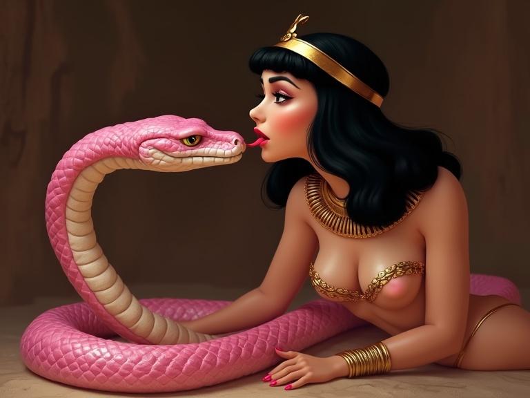 Cleopatra interacting with an elegantly stylized pink snake. She poses gracefully, adorned in gold jewelry. The background has a dramatic feel to enhance the scene. The artwork is reminiscent of Disney's animation style.