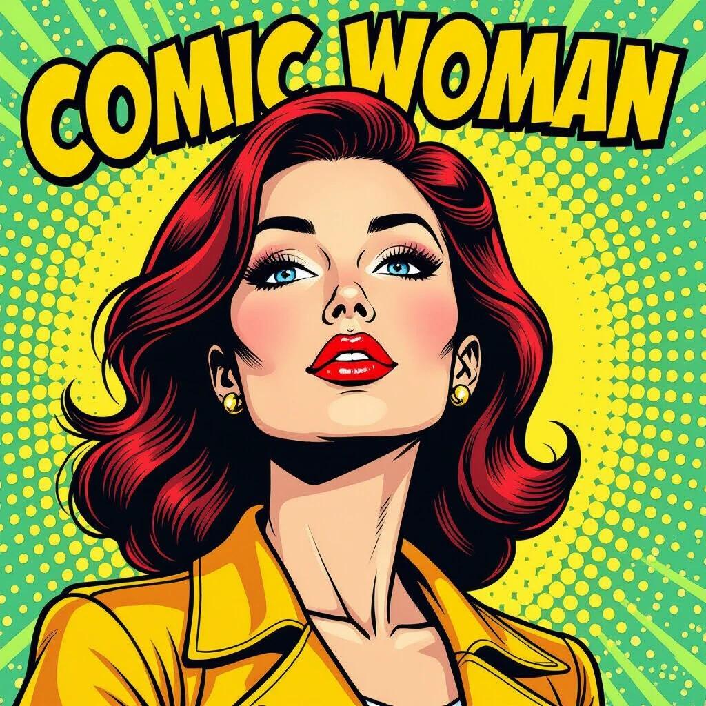 Comic woman illustrated in a graphic art style. Features vibrant colors. High detail is present throughout the artwork. The character is centrally placed against a dynamic background.