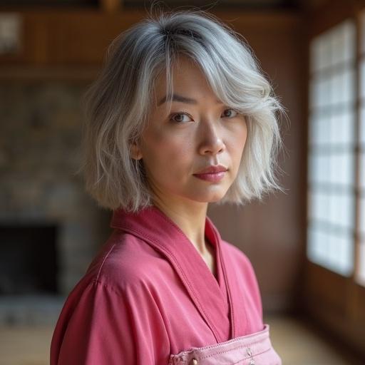 Mature woman wearing a sakura haruno outfit. The photograph captures the essence of anime culture blended with realistic fashion. Elegant soft lighting highlights details of the outfit and her hairstyle.