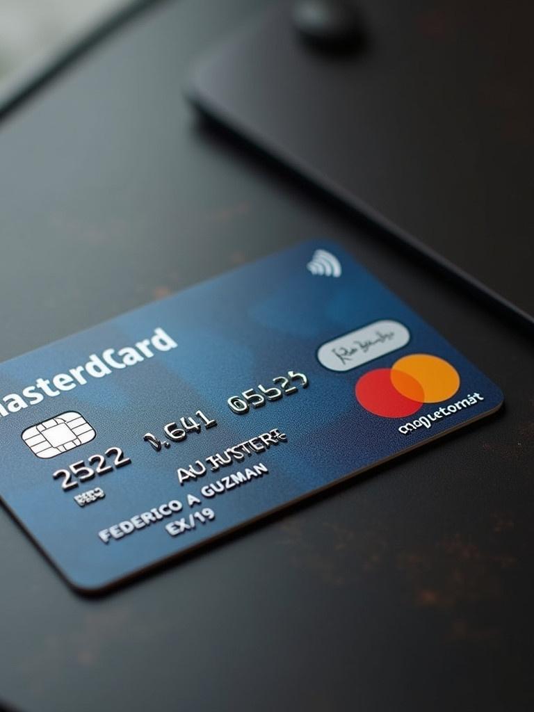 Realistic image of a flat MasterCard credit card on a table. Card logo and personal information are visible. The cardholder name is a male name. The card has an expiry date. Highlights and soft lighting show details.