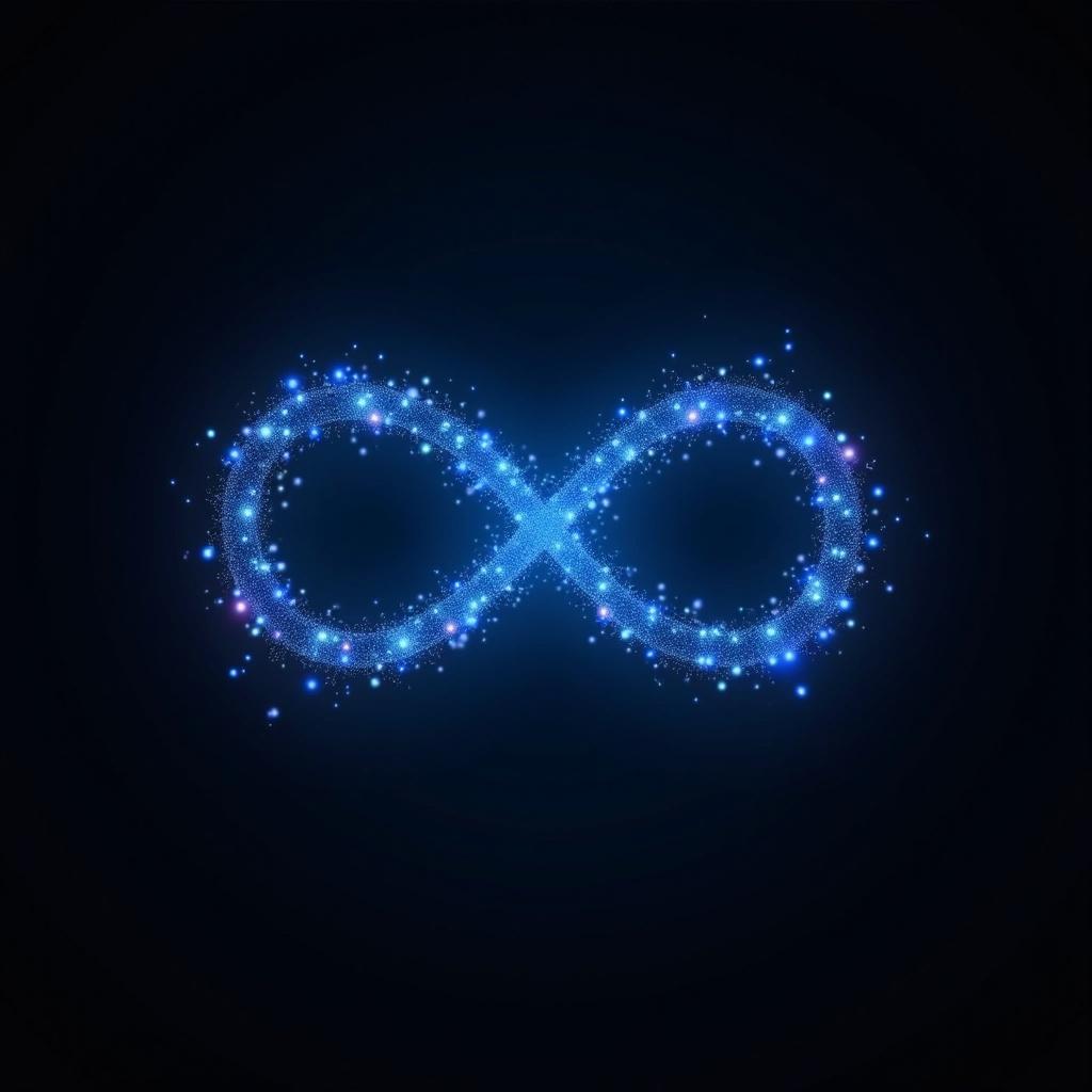 The image features a glowing infinity symbol composed of sparkling particles. The symbol is rendered in a vibrant blue with hints of purple, creating a mystical effect against a black background. This design is abstract and modern, ideal for digital use. The glowing lights appear to twinkle, adding depth and interest to the symbol. This artwork represents concepts of eternity and limitless possibilities, making it suitable for various themes and industries.