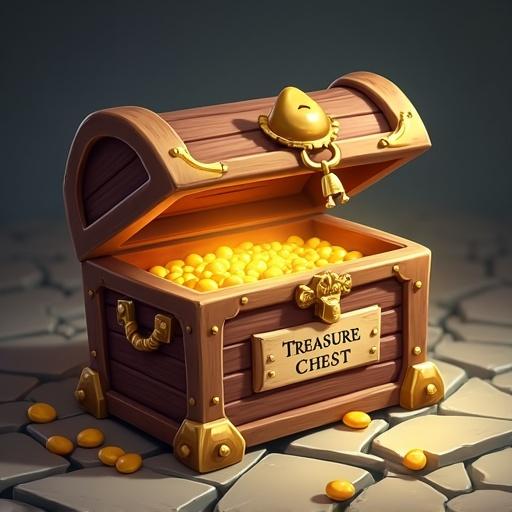An illustration of a treasure chest filled with gold coins and a sign that says Patai Quest Treasure Chest. The chest can be opened with a gold key.
