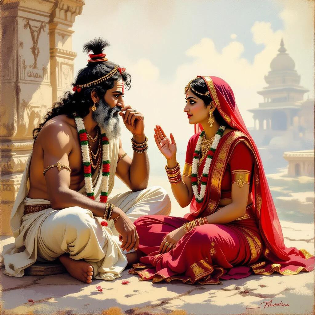 Mythological scene featuring Sudhama and his wife sitting together. Wife is expressing thoughts while looking at him. Sudhama appears humble. Background features traditional architecture and soft colors.