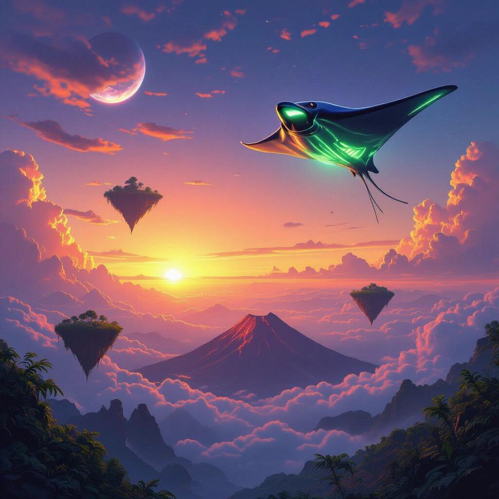Double sunset with a neon sky over a vast expanse. Floating islands are visible in the sky, depicting an alien planet. A manta ray-like avian creature with a green glowing belly flies across the scene. Below, a jungle landscape and a visible volcano are present.