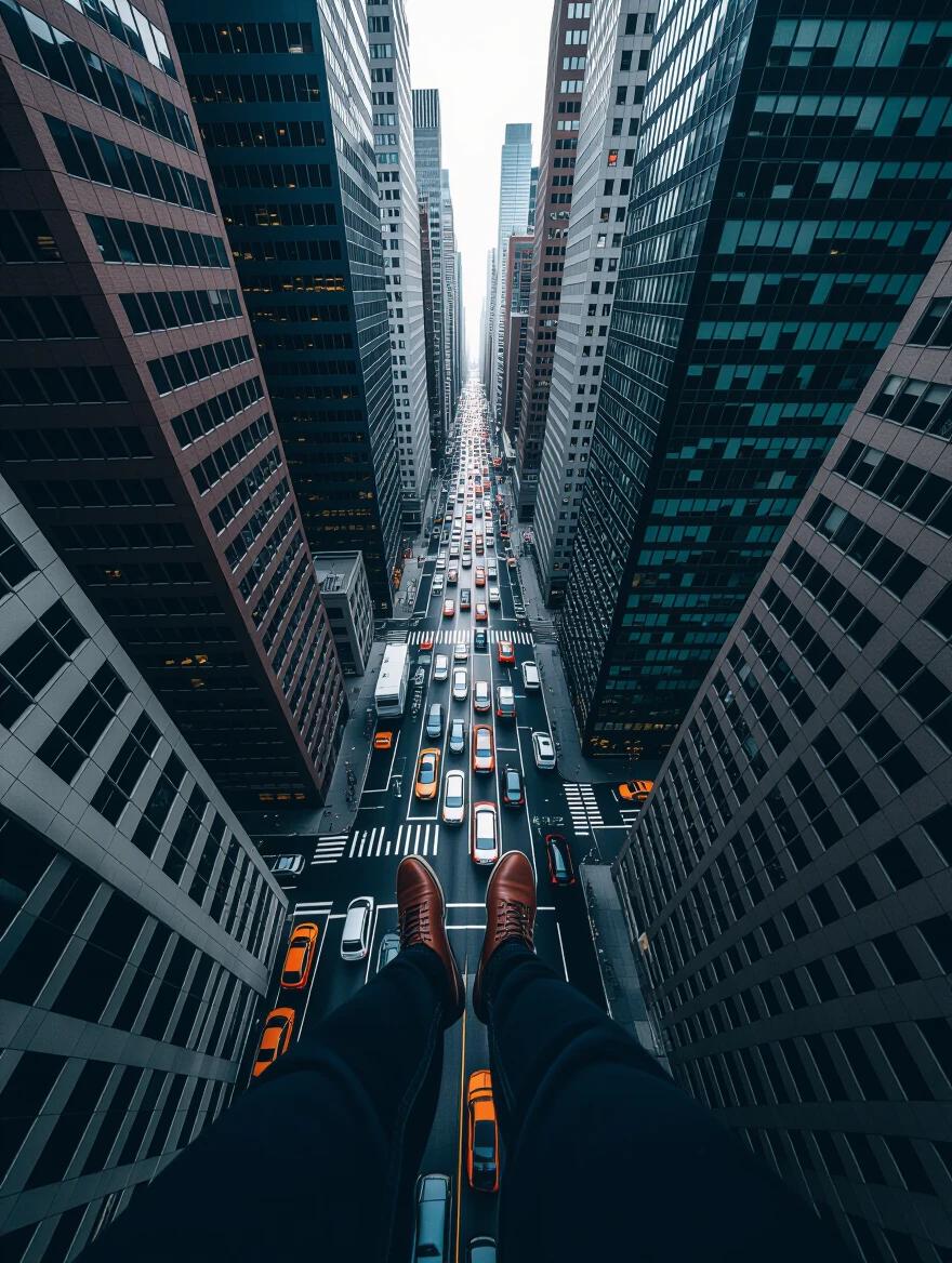 Photograph from a high angle shows feet of a person on ledge of skyscraper. View of busy traffic below in city streets. Dark natural colors dominate the scene.