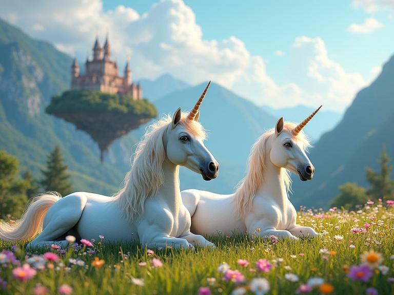 Two unicorns lie peacefully on a colorful flower meadow. A majestic castle floats in the background against a mountain landscape.