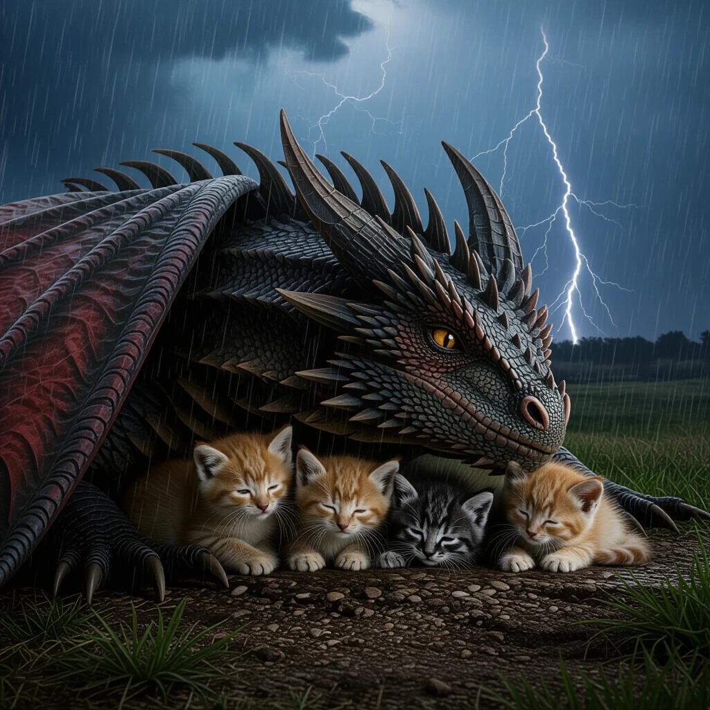 Kittens take shelter under a large sleeping dragon's wing in heavy rain. The scene displays dark weather with rain and lightning, vibrant colors, and a high definition quality.