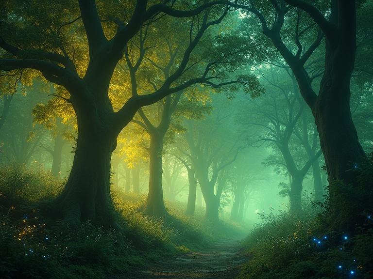 Arboreal forest deep in fantasy world. Bioluminescent trees with fairies flying around. Mysterious and beautiful scene. Enchanted forest with glowing plants and floating fireflies.