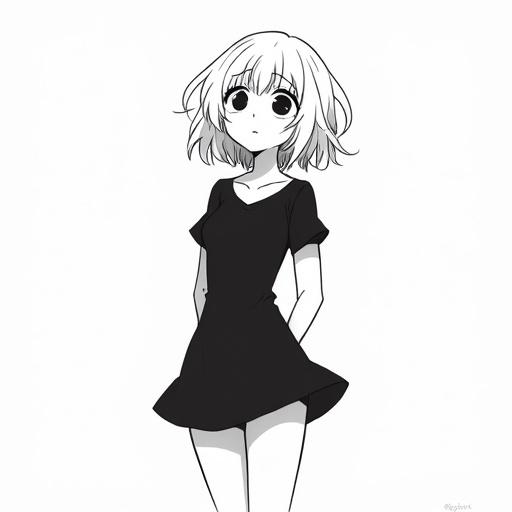 Sketch-style illustration. Character against white background. Black dress with short skirt. Short choppy wavy white hair. Big thighs shown. Blank white orb eyes gazing upward.