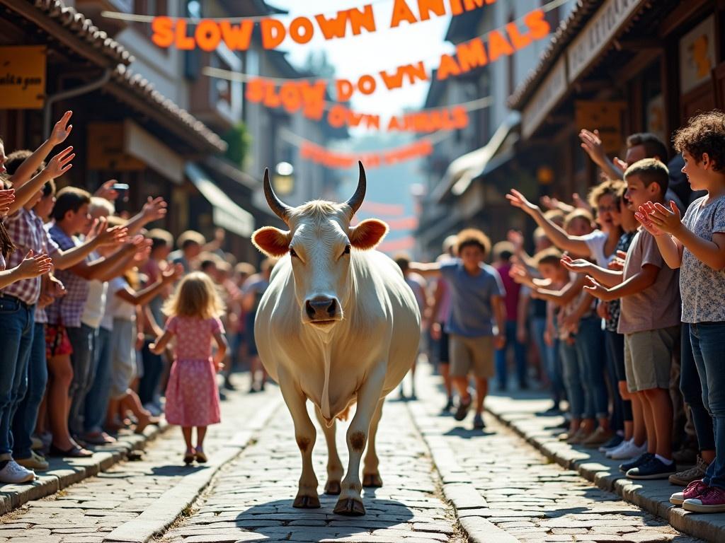 A white cow walks confidently down a bustling market street. The atmosphere is lively, filled with groups of people cheering and enjoying the moment. Bright banners reading 'SLOW DOWN ANIMALS' hang overhead. Shoppers and bystanders are reaching out to the cow, some taking pictures and others waving. The cobblestone street is lined with traditional wooden shops, adding character to the scene. The day is bright and sunny, enhancing the festive feeling of the event. Children can be seen excitedly interacting with the cow, creating a cheerful ambiance.