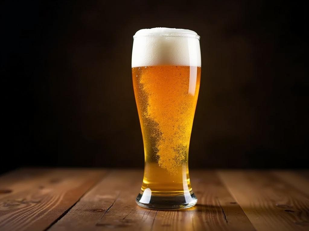 This image shows a close-up of a frothy glass of beer. The glass is filled to the brim with a golden amber liquid, and white foam is overflowing at the top. The beer has a lot of bubbles rising to the surface, indicating its freshness and carbonation. The background is dark, which highlights the brightness of the beer and the clarity of the glass. The wooden surface beneath the glass adds a rustic touch, giving the image warmth and comfort. Overall, it conveys a feeling of relaxation and enjoyment.