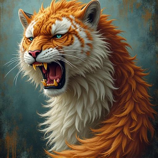 Detailed portrait of a roaring tiger. Fur is vibrant orange and white with intricate details. Fierce expression displayed with sharp teeth. Eyes are bright blue and intense. Background has a textured, muted tone to enhance focus on the tiger.
