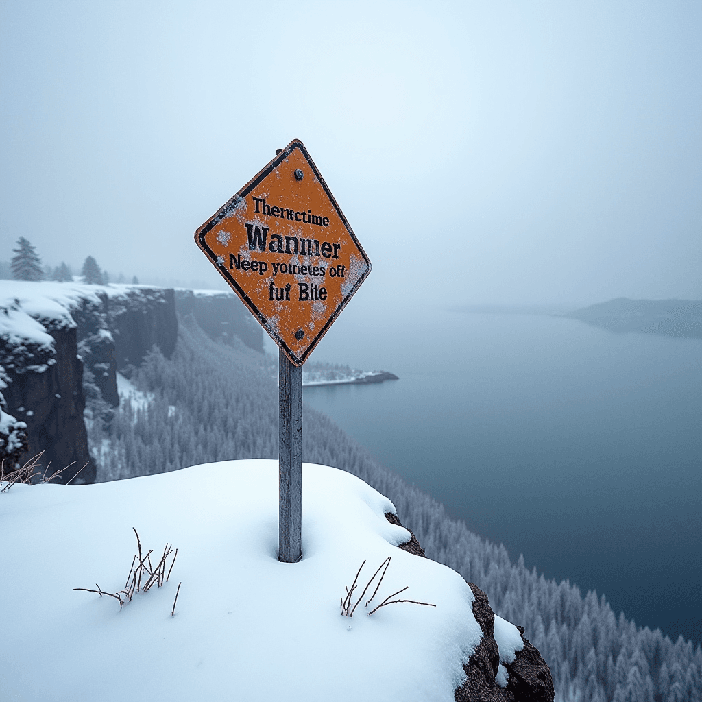 A frosty warning sign stands on a snowy cliff overlooking a large, misty lake.