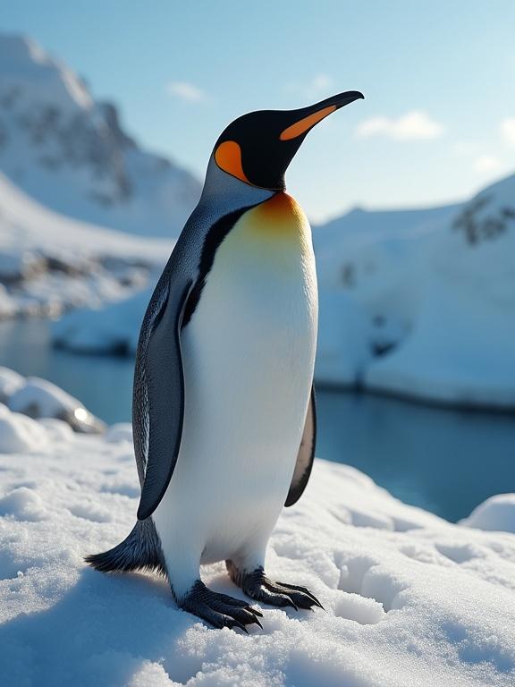 An emperor penguin stands proudly on the snow in the Arctic. A glacial landscape is visible in the background. The sky is bright blue with fluffy clouds.