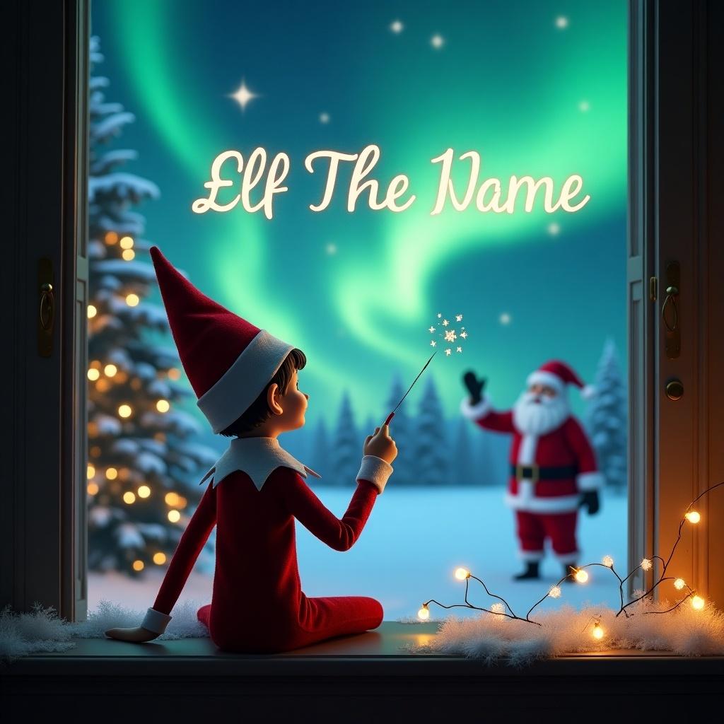 Elf on the shelf sits with back to viewer. Elf writes name in sky using wand. Magical Christmas scene with northern lights and Santa in background.