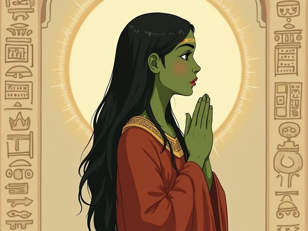 This image features a green-skinned figure with long, dark hair, depicted in profile. The character has large, almond-shaped eyes and a serene expression, with hands clasped together in a gesture of prayer or contemplation. They are dressed in a richly colored, flowing red garment, adorned with intricate geometric patterns around the neckline. A soft halo surrounds the figure, set against a light beige background that features faint hieroglyphics and ancient designs, enhancing the overall historical and spiritual theme of the artwork.