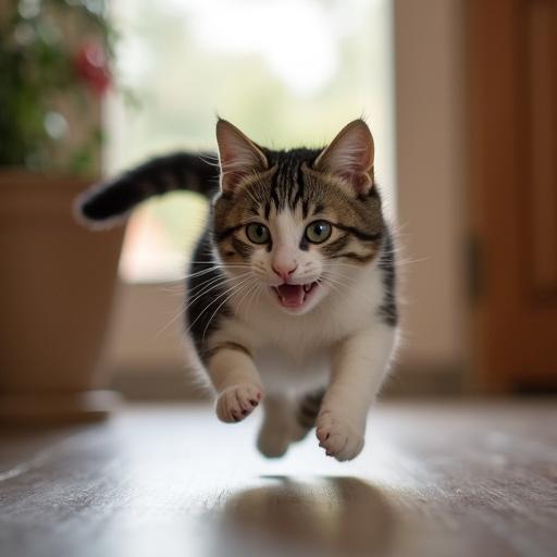 Cat running inside a house. The scene captures a playful moment with a lively expression. Light filtering through windows enhances the atmosphere.