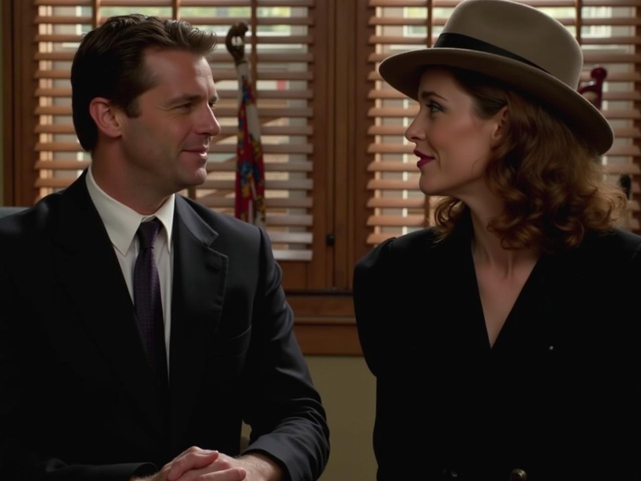 The image shows a scene from a movie with two characters engaged in conversation. On the left, a man in a dark suit sits on a desk, looking attentively at the woman. The woman, on the right, is wearing a dark outfit with a light hat, appearing to respond to him. There are wooden blinds behind them, allowing some natural light in. The setting has a classic office look with a wooden wall and some decorative elements. The expressions of both characters indicate a moment of important discussion.