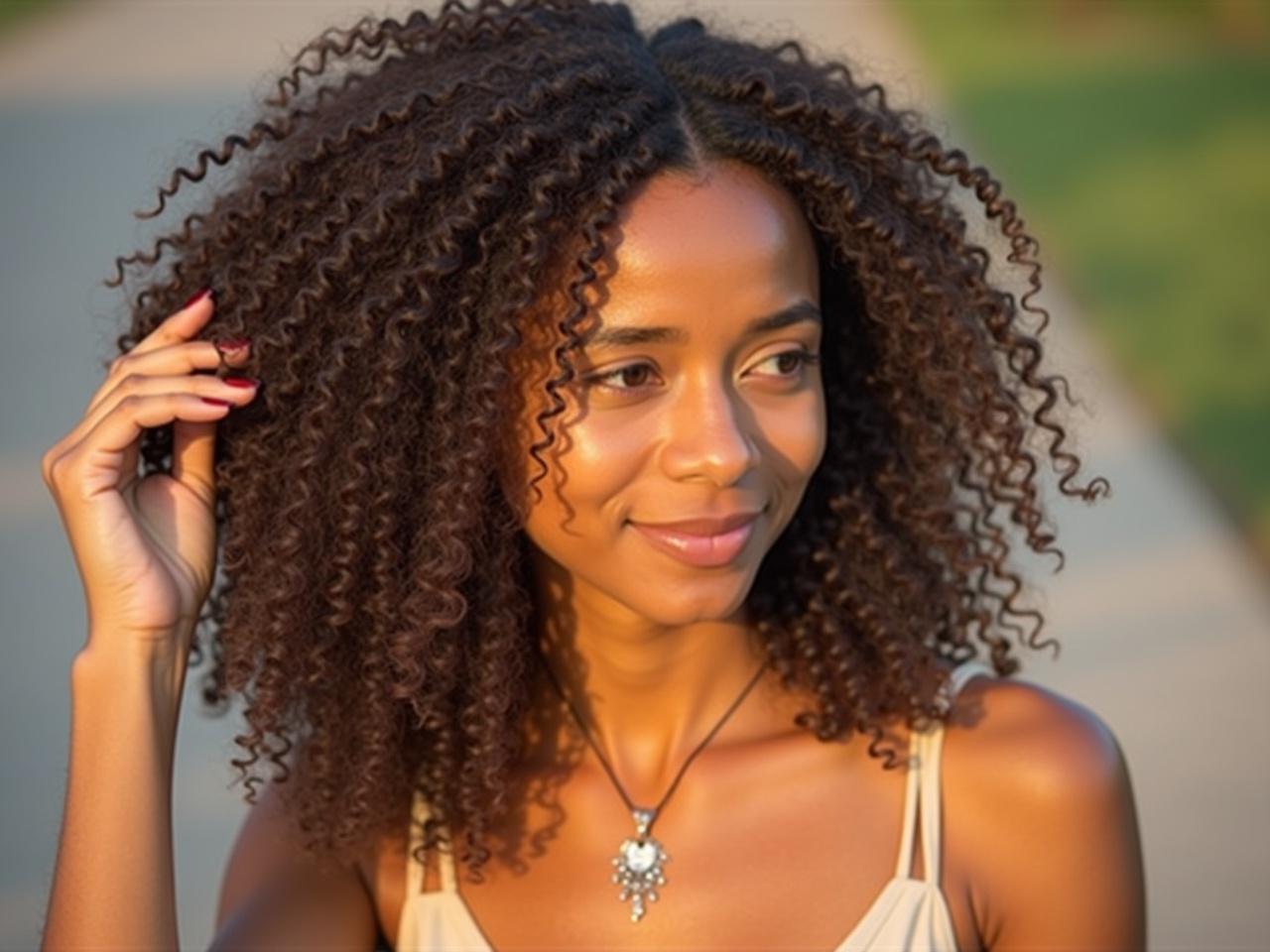 The image shows a person with curly hair, adorned with a necklace. They appear to be holding their hair with one hand and have a thoughtful expression. The outfit consists of a light-colored top with thin straps. The background has natural lighting, suggesting an outdoor setting, possibly during golden hour. The person's skin appears to be sun-kissed, adding warmth to the image.