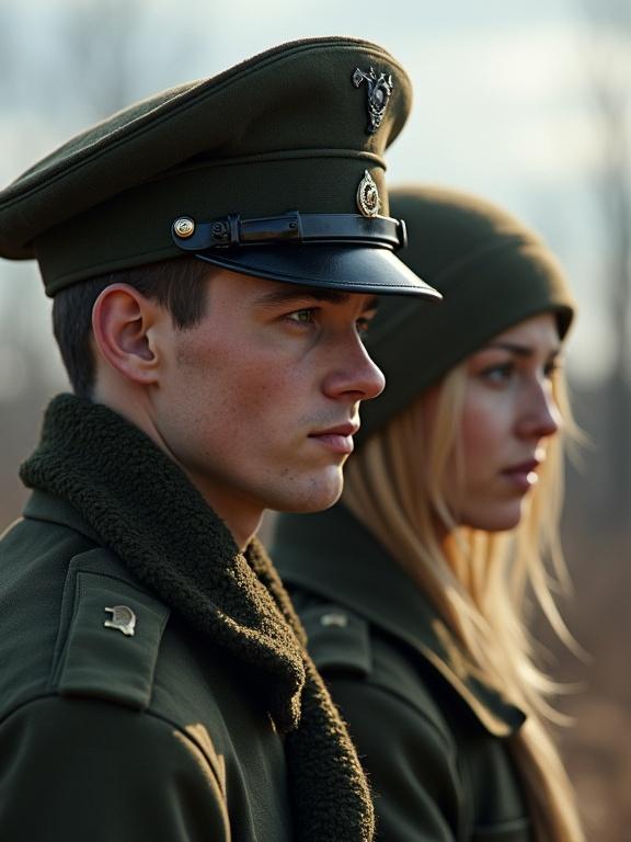 A young male soldier with dark hair and a young female soldier with blonde hair. Both soldiers are in uniform. Bright natural lighting is used. Deep depth of field focuses on their profiles. No hats are worn. Cold War setting in Moscow.