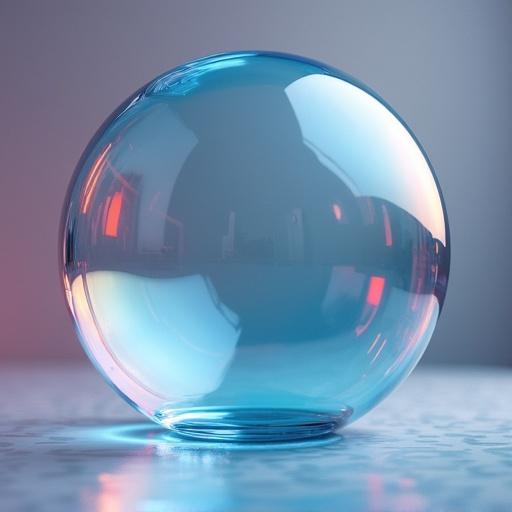 A transparent bubble sits on a white surface. The bubble reflects soft light and colors from its surroundings. The background is softly blurred with hints of color.