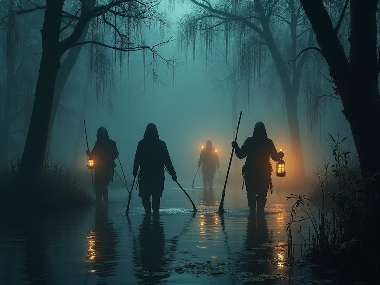 Dramatic digital painting of a swamp scene at night. Group of five figures wading through murky water. They are using long poles with hooks to probe the depths. Some carry old-fashioned oil lanterns casting flickering light in the fog. The surrounding vegetation includes cypress trees with Spanish moss. The air is thick with mist, and shadows dance on the water. The scene conveys mystery and suspense with a gothic art style.