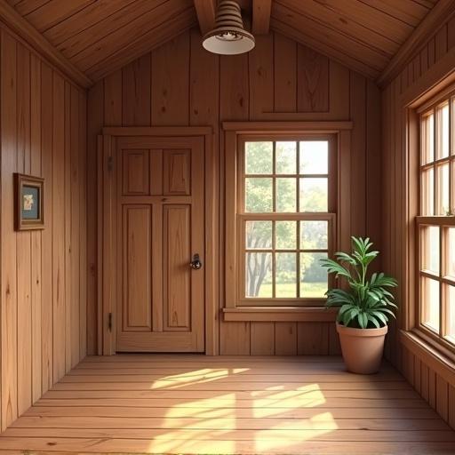 Interior of a wooden room with natural light. Features wooden walls, a door, and windows. Includes a potted plant by the window.
