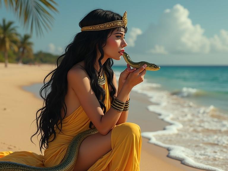 Cleopatra posing elegantly on the beach with a snake. Vibrant yellow dress draped gracefully. Beautiful ocean backdrop with soft clouds. Rich colors and details create drama and realism.