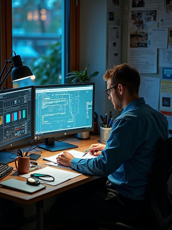 The workspace of an electrical engineer. The desk features dual monitors with engineering designs. The engineer is focused on the task. Ambient light creates a calm atmosphere. Papers, tools, and a plant add to the workspace.