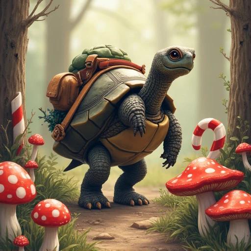 A turtle carries a backpack. Turtle walks on a candy cane trail. The trail is surrounded by mushrooms with polka dots. Turtle looks content and adventurous.