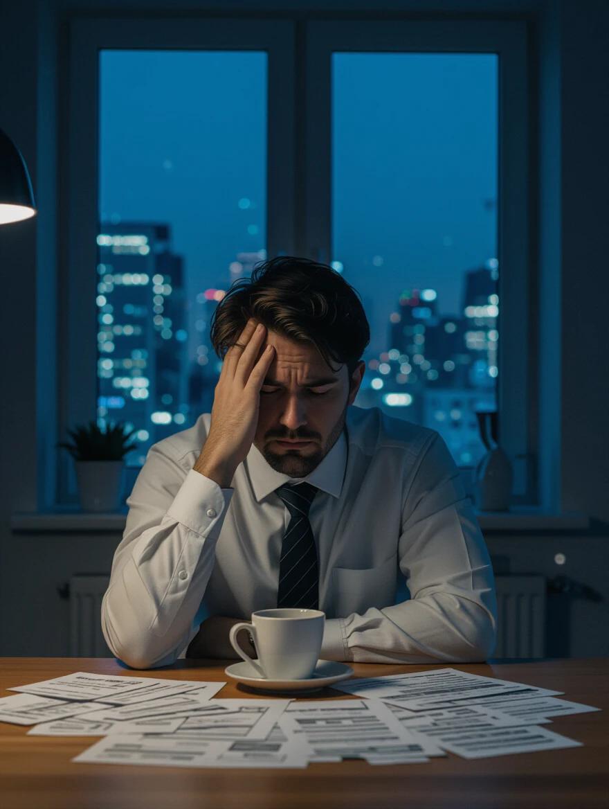A tired adult sitting alone at a kitchen table late at night surrounded by bills with a half-finished coffee. Dressed in office clothes with a loosened tie and messy hair. Dim lighting creates a moody atmosphere. City lights visible through the window. The subject expresses emotional exhaustion and stress.
