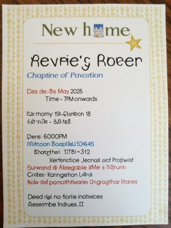 Invitation card for a new home celebration. Event on 23rd May 2025 at 7 PM. Location specified. Includes decorative elements and stylized text.