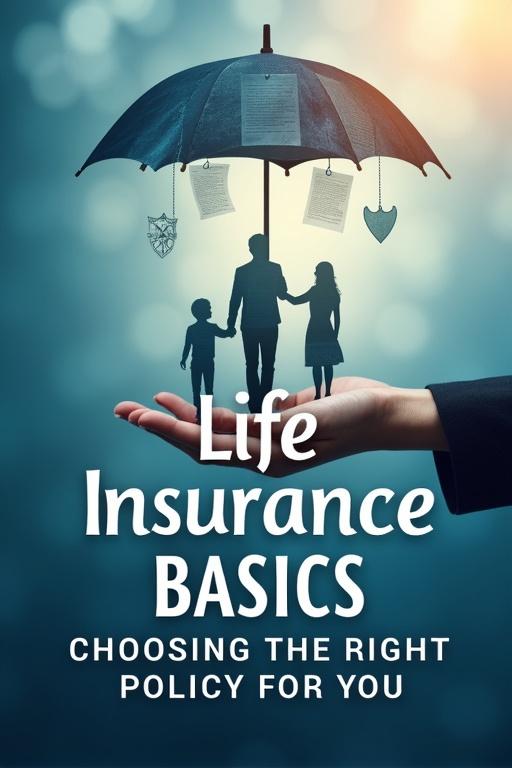 Generate a Pinterest cover featuring an umbrella sheltering a family silhouette. Policy documents turn into shields overhead. Soft sunlight creates a hopeful vibe. Overlay the title 'Life Insurance Basics: Choosing the Right Policy for You' in elegant lettering using white and deep blue tones.