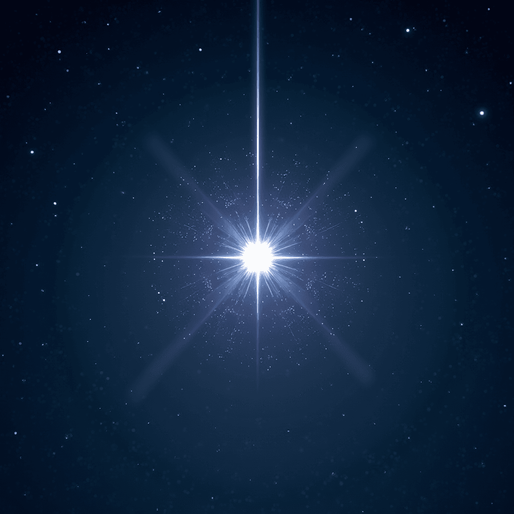 A bright star illuminates a night sky filled with twinkling stars.