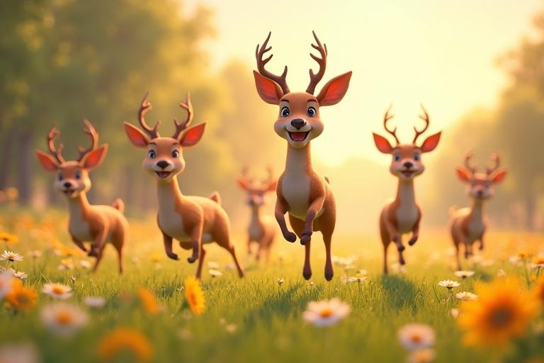 Anthropomorphic deer leaping across meadow. Sunlit setting filled with wildflowers. Faces express delight. Realistic fur textures. Ultra-HD, 3D animated visuals.