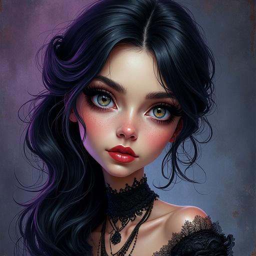 A whimsical and surreal caricature of a dark-haired woman in black. The artwork displays smoother, lifelike skin. The woman has an exaggerated and mysterious expression. Dramatic lighting creates vibrant highlights and shadows. Gothic attire features elaborate textures. The background is dark with deep purples and blues, enhancing the gothic feel. Superfine watercolor effect shows intricate details and surreal realism.