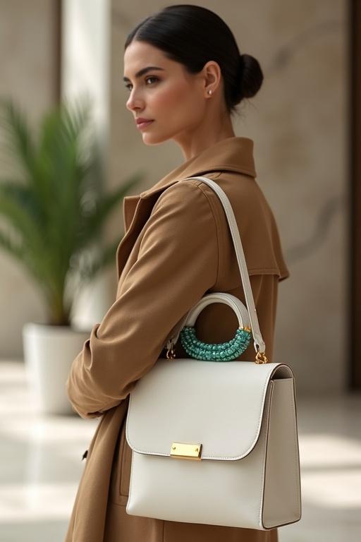 Stylish female model with olive skin and a sleek low bun poses. She wears a camel trench coat. A structured ivory leather handbag with an aquamarine bead handle is held by the model. The handbag's shape is rectangular with a minimalist gold clasp. The scene includes a blurred marble lobby and potted greenery in the background. Soft studio lighting highlights the bag's features.