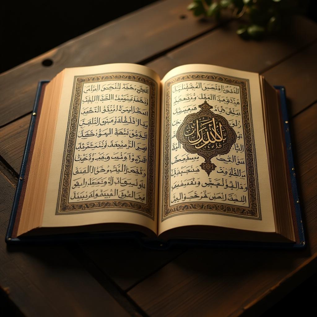 An open Quran displayed on a wooden table. The pages feature intricate Arabic calligraphy. The setting is serene, emphasizing spiritual significance.