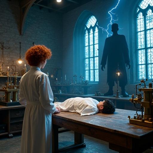 A woman scientist stands at a wooden table in a 19th-century castle laboratory. A body is covered by a white sheet. The laboratory contains brass and copper devices and glass tubes. Lightning illuminates the room through tall arched windows. Shadows cast a large silhouette of a monster on the wall. The scientist wears a Victorian dress and a laboratory coat. Her deep copper red hair is thick and curly. She focuses intently on her work.