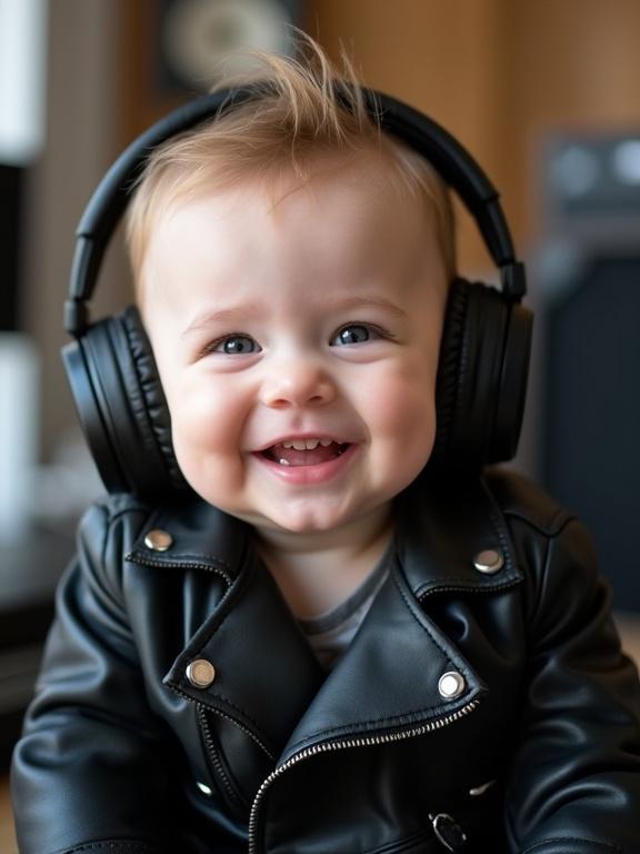 Baby with chubby cheeks wearing black leather jacket and large headphones. Baby smiling at the camera. Close-up shot with soft natural lighting. Background is a blurred music studio with some equipment.