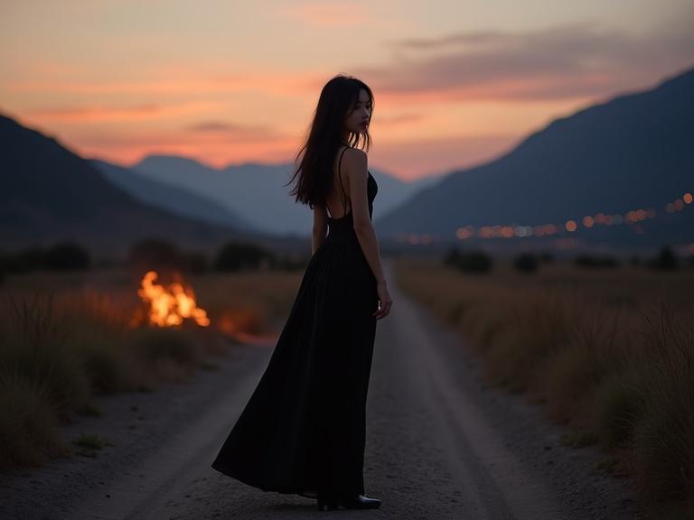 An Asian girl stands on a dirt road. She wears a black spaghetti strap backless dress. Her long black hair falls naturally. Dusk surrounds her. A bonfire burns nearby. Mountains rise in the distance. She looks back at the camera. The twilight sky reflects in the background. Grass flanks the path. Her silhouette is visible on the ground.