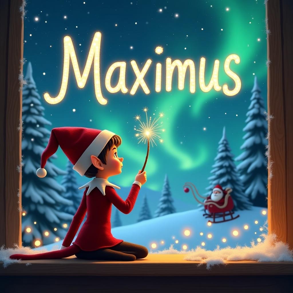 Elf character sitting in snow with back facing the viewer. Elf uses wand to create writing in the sky. Magical Christmas scene depicted with northern lights and Santa in the background. Names 'Noah & Imogen' written elegantly in the air.