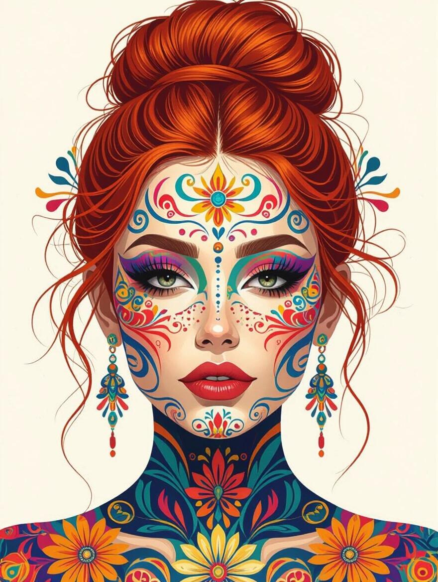 Artistic portrait of a woman with intricate colorful patterns on her face and neck. The design features psychedelic elements and floral motifs. The woman has red hair styled in a bun. The image showcases a mixture of bright colors with a lively texture.