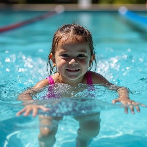 A girl enjoying swimming in a pool. She wears a pink swimsuit and swims joyfully in clear blue water under a sunny sky.