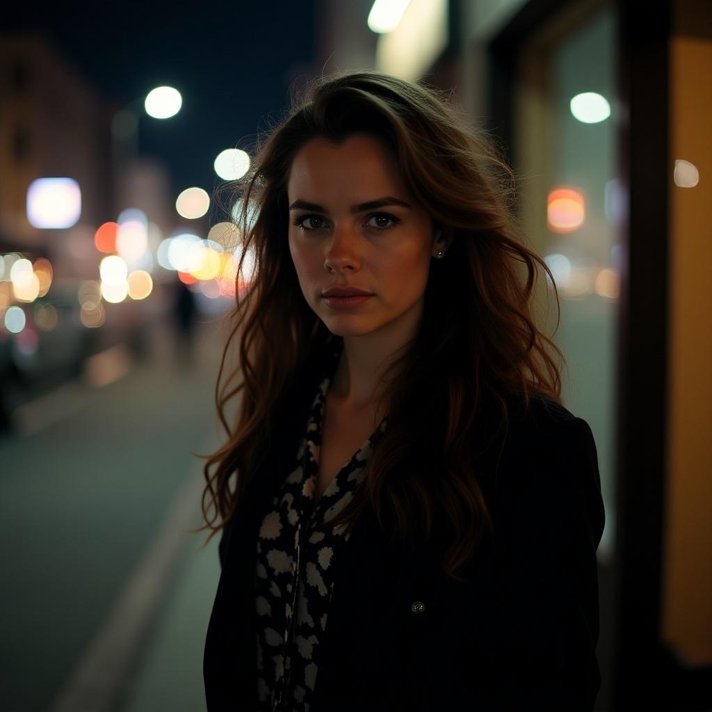 The image captures a young woman in a city night scene, illuminated by the warm glow of streetlights. Her expression is intense and contemplative, and she's framed by the blurred backdrop of an urban environment, suggesting a story amidst the hustle of city life.