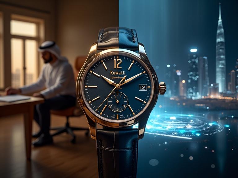 Image showcases a luxury analog watch prominently featuring a sparkling blue dial. Kuwaiti Company logo elegantly morphed into the watch face. Background divided into scenes depicting the past through to a futuristic vision of Kuwait. Setting combines traditional and modern elements highlighting the evolution of design and time in Kuwaiti culture.