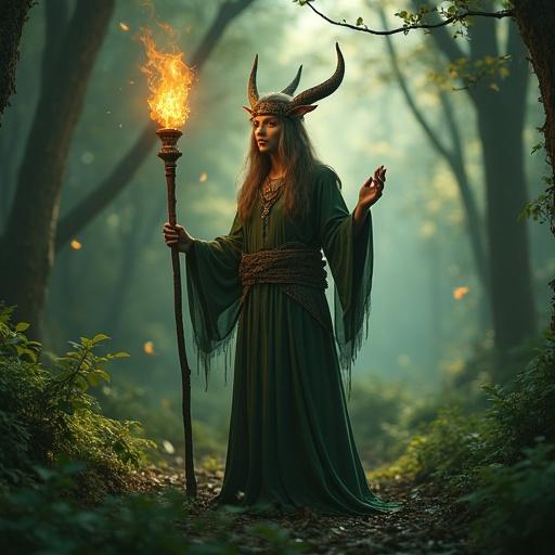 Elf with glowing staff stands in mystical forest. Sunlight filters through trees creating ethereal glow. Elf wears flowing green dress and has majestic horns.